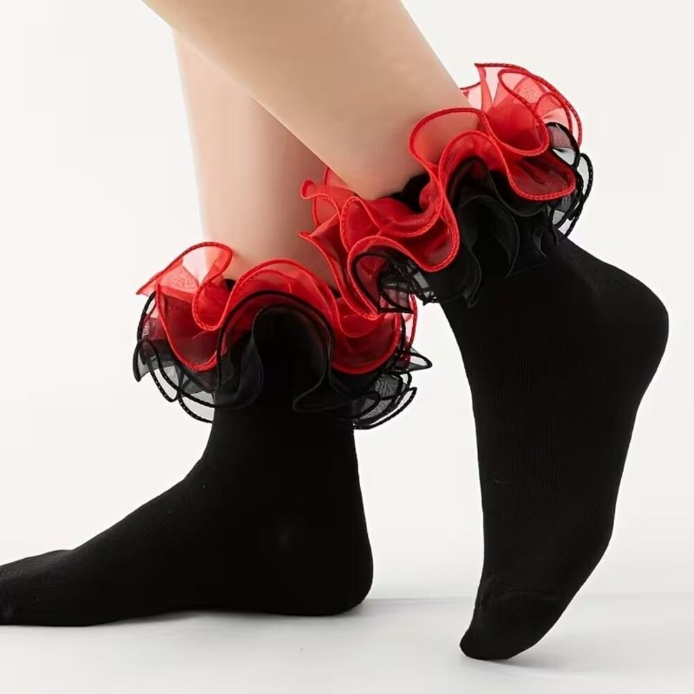 Women's Big Ruffle Socks Double Scalloped Lace Black Red One Size Fits Most NEW